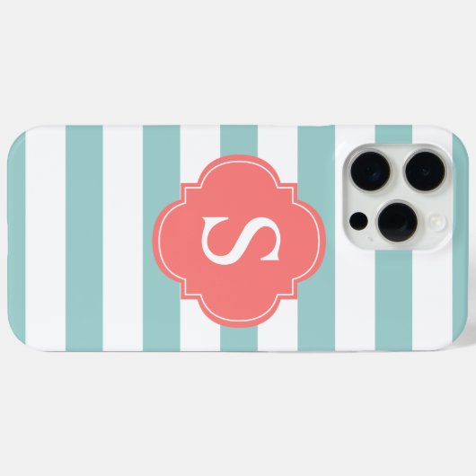 Monogram mint- en koraalstrepen Case-Mate iPhone case (Achterkant (horizontaal))