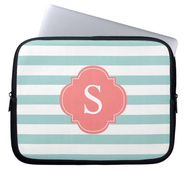 Monogram mint- en koraalstrepen laptop sleeve (Voorkant)