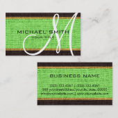 Monogram Mint Green Burlap Linen Rustic Jute Visitekaartje (Voorkant / Achterkant)