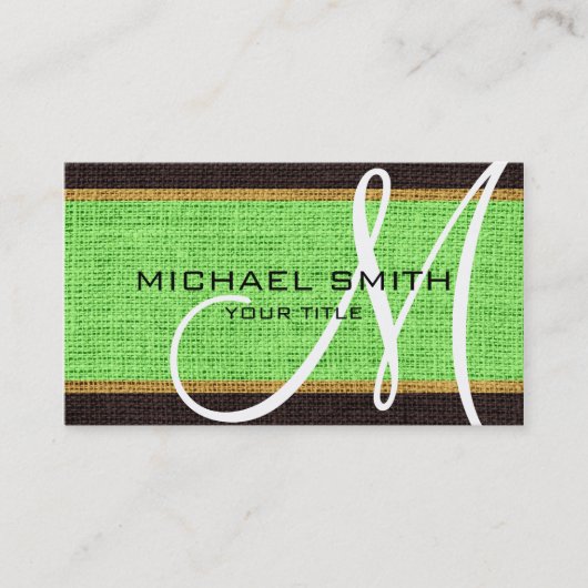 Monogram Mint Green Burlap Linen Rustic Jute Visitekaartje (Voorkant)