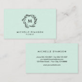 Monogram Mint Green en Black Floral Wreath Visitekaartje (Voorkant / Achterkant)