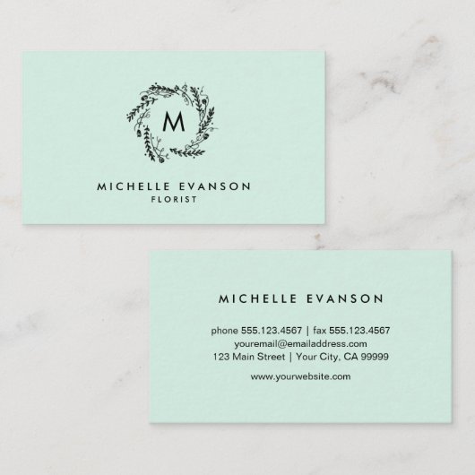 Monogram Mint Green en Black Floral Wreath Visitekaartje (Voorkant / Achterkant)