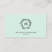 Monogram Mint Green en Black Floral Wreath Visitekaartje (Voorkant)