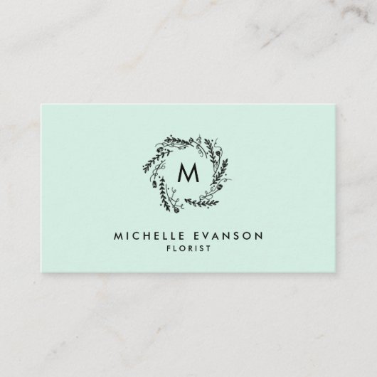 Monogram Mint Green en Black Floral Wreath Visitekaartje (Voorkant)