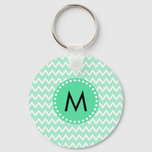 Monogram Mint Green en White Chevron Pattern Sleutelhanger