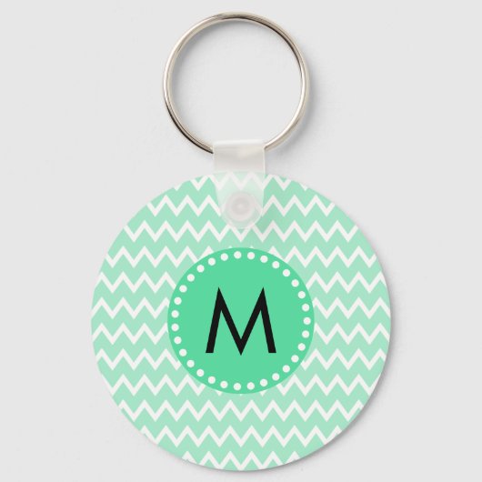 Monogram Mint Green en White Chevron Pattern Sleutelhanger (Voorkant)