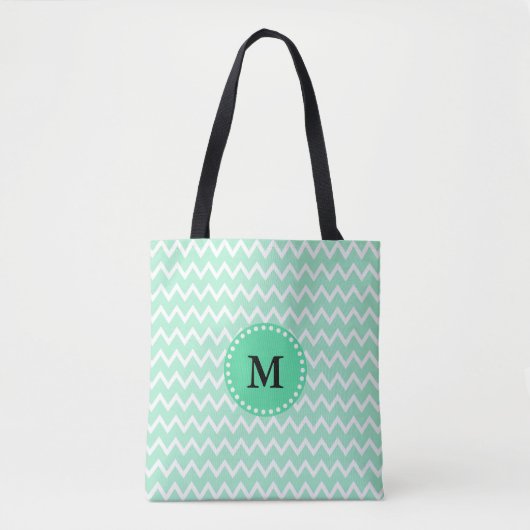 Monogram Mint Green en White Chevron Pattern Tote Bag (Voorkant)