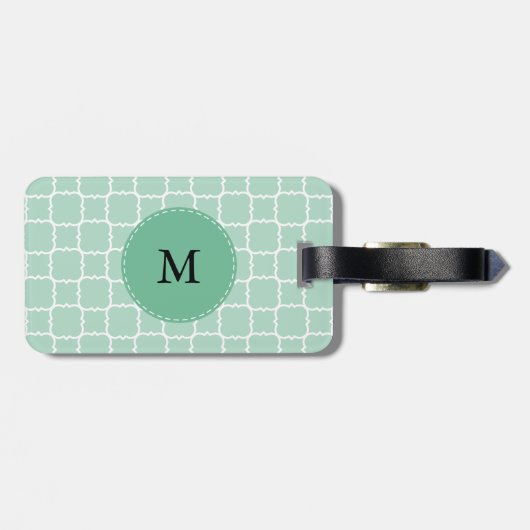 Monogram Mint Green en White Quatrefoil Pattern Bagagelabel (Achterkant horizontaal)