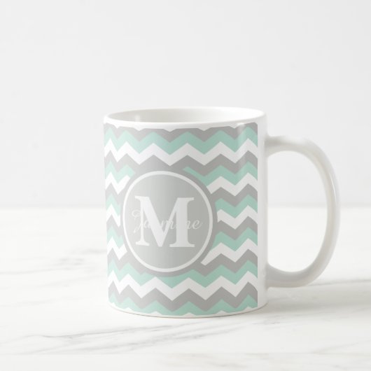 Monogram Mint Green Gray Chevron Zigzag Stripe Koffiemok (Rechts)