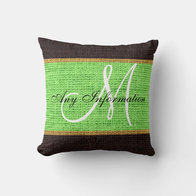Monogram Mint green Rustic Burlap Jute Kussen (Voorkant)