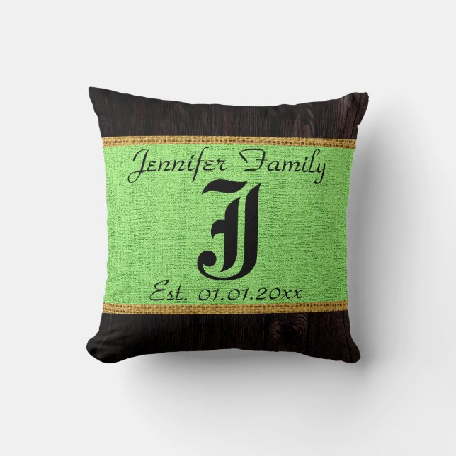 Monogram Mint Green Rustic Burlap Linen Wood Kussen (Voorkant)