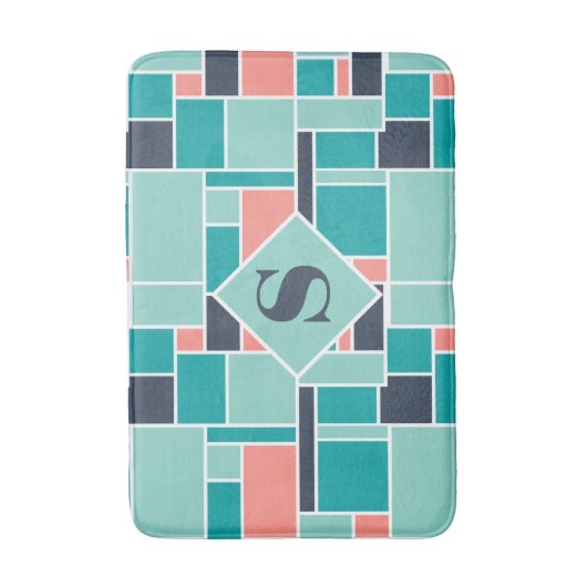 Monogram Mint Groene koraal geometrische kunst Badmat (Voorkant Verticaal)