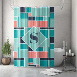 Monogram Mint Groene koraal geometrische kunst Douchegordijn