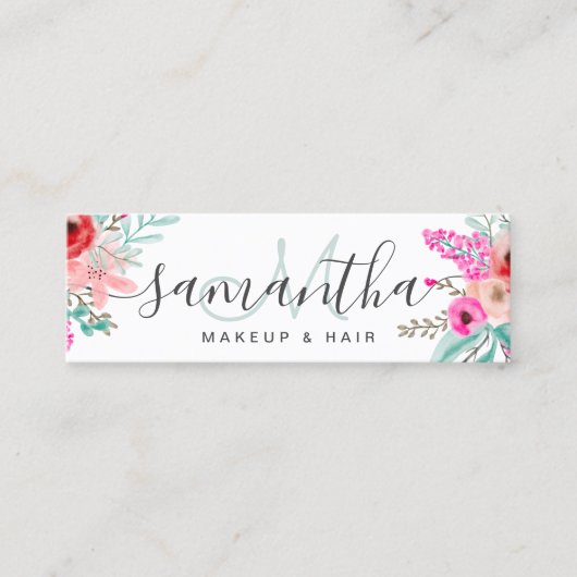 Monogram Mint roze florale waterverf bouquet chic Mini Visitekaartje (Voorkant)