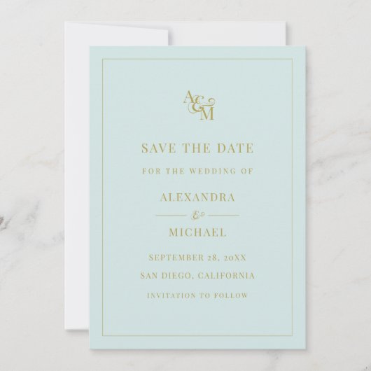 Monogram Mint Turquoise Simple Modern Wedding Save The Date (Voorkant)