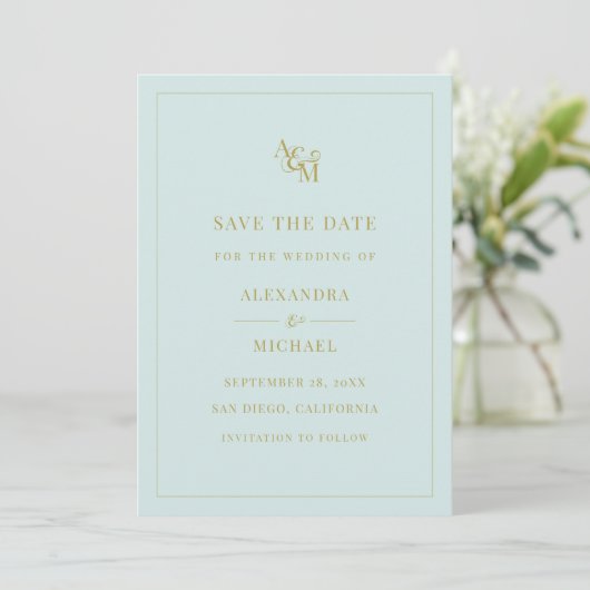 Monogram Mint Turquoise Simple Modern Wedding Save The Date (Staand voorkant)