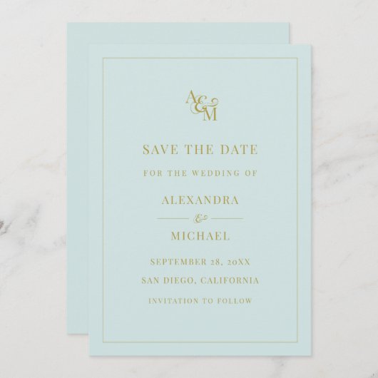 Monogram Mint Turquoise Simple Modern Wedding Save The Date (Voorkant / Achterkant)