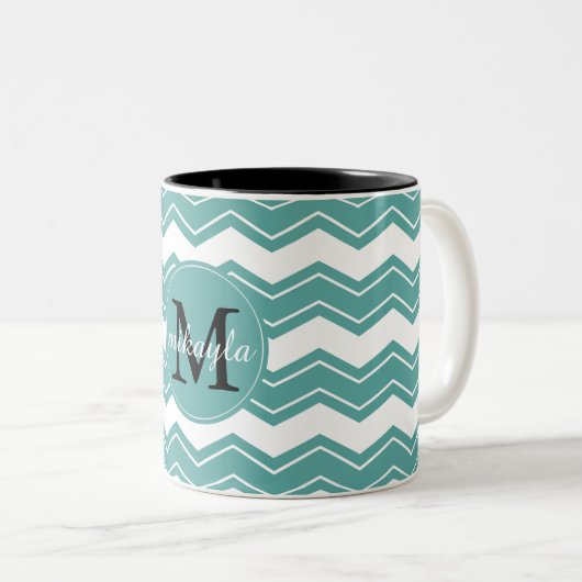 Monogram minty chevron tweekleurige koffiemok (Voorkant rechts)