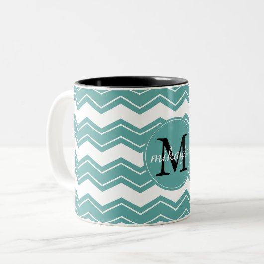 Monogram minty chevron tweekleurige koffiemok (Voorkant links)