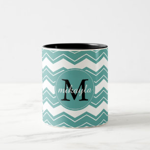 Monogram minty chevron tweekleurige koffiemok