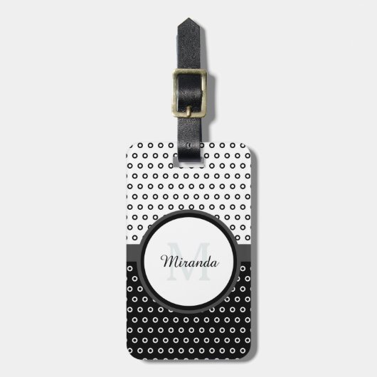 Monogram Mod Black en White Polka Dots met naam Bagagelabel (Voorkant verticaal)