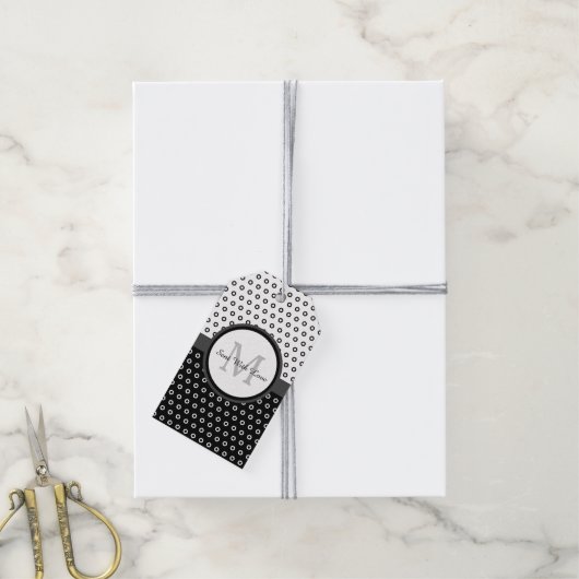 Monogram Mod Black en White Polka Dots met naam Cadeaulabel (Met Touw)