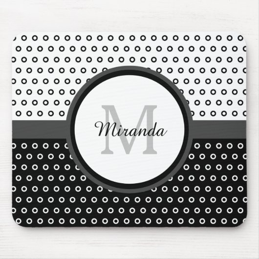 Monogram Mod Black en White Polka Dots met naam Muismat (Voorkant)