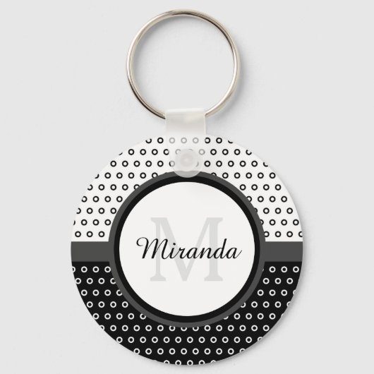 Monogram Mod Black en White Polka Dots met naam Sleutelhanger (Voorkant)