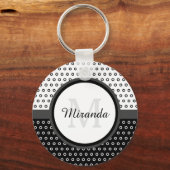 Monogram Mod Black en White Polka Dots met naam Sleutelhanger (Voorkant)