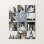 Monogram Modern 9 Foto Collage Dusty Blue Legpuzzel<br><div class="desc">Voeg 11 foto's van uw familie of trouwdag toe en voeg uw eigen monogram toe. Iedereen zal het leuk vinden om deze puzzel bij elkaar te brengen.</div>