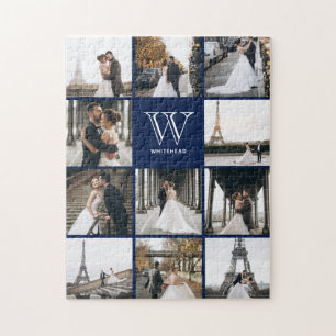 Monogram Modern 9 Foto Collage Navy Blue Legpuzzel
