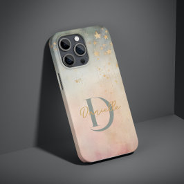 Monogram Modern Abstract Custom Name Stars Roze iPhone 15 Pro Max Hoesje