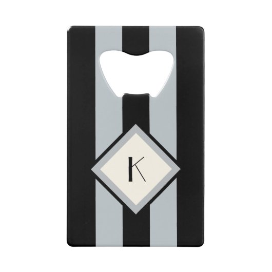 Monogram modern Art Deco Black en Silver Stripes Creditkaart Flessenopener (Voorkant)