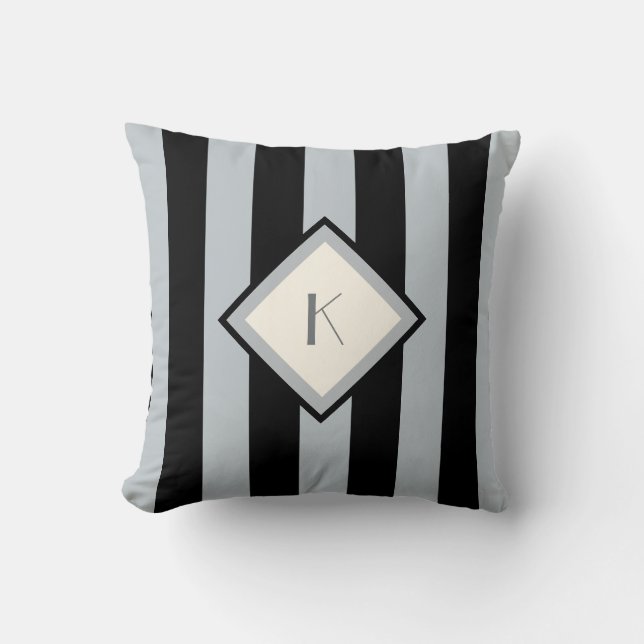 Monogram modern Art Deco Black en Silver Stripes Kussen (Voorkant)