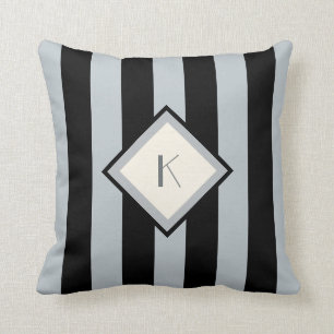 Monogram modern Art Deco Black en Silver Stripes Kussen