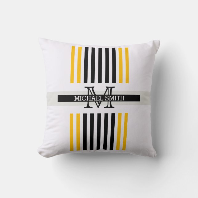 Monogram Modern Black Amber Stripes Patroon Kussen (Voorkant)