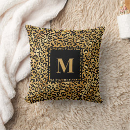 Monogram Modern Black Gold Leopard Print Kussen