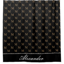 Monogram Modern Black White Gold Elegant Douchegordijn