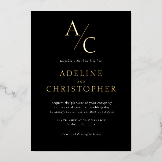 Monogram Modern Black White Gold Foil Uitnodiging (Voorkant)