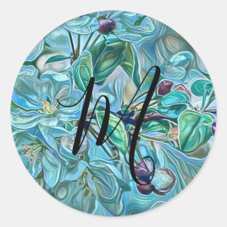 Monogram Modern Blau Kersenbloesem Aquarel Ronde Sticker