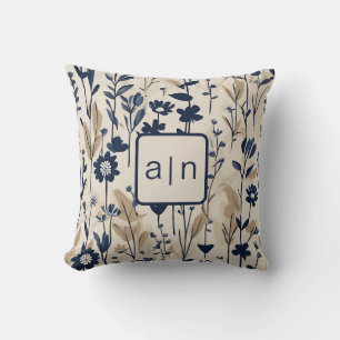 Monogram Modern Blauw Bloemmotief Kussen