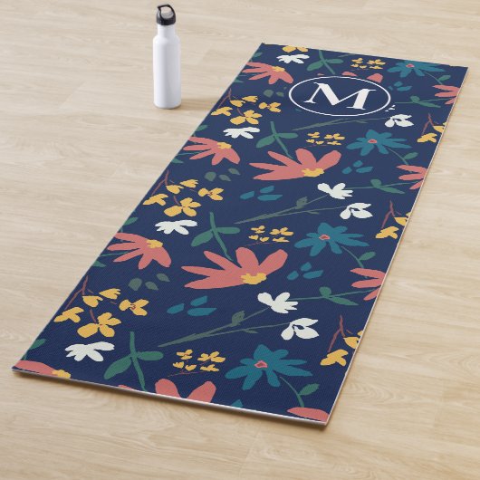 Monogram Modern Blauw Boho Bloemen Patroon Yogamat (In situ)