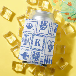 Monogram Modern Blauw Wit Abstract Patroon Blikjeskoeler