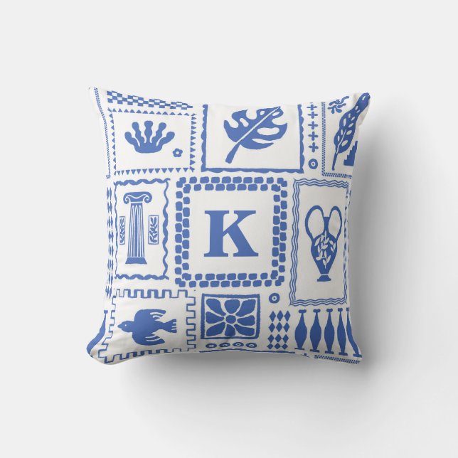 Monogram Modern Blauw Wit Abstract Patroon Kussen (Voorkant)