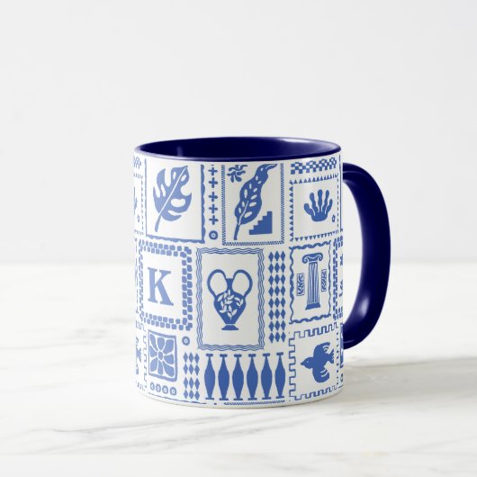 Monogram Modern Blauw Wit Abstract Patroon Mok (Voorkant rechts)