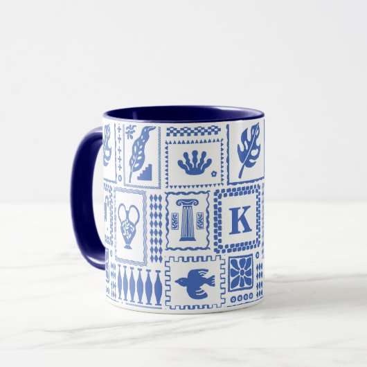 Monogram Modern Blauw Wit Abstract Patroon Mok (Voorkant links)