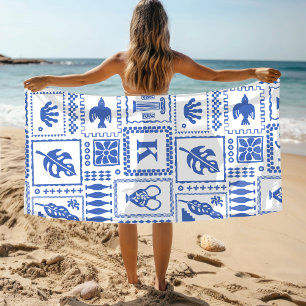 Monogram Modern Blauw Wit Abstract Patroon Strandlaken