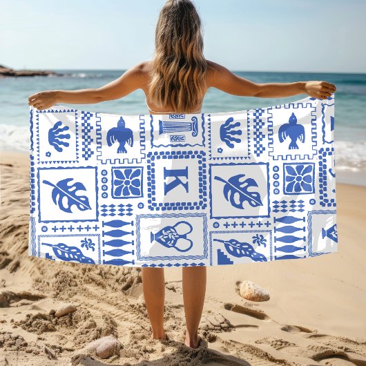 Monogram Modern Blauw Wit Abstract Patroon Strandlaken