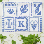 Monogram Modern Blauw Wit Abstract Patroon Theedoek (Gevouwen)