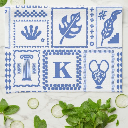 Monogram Modern Blauw Wit Abstract Patroon Theedoek (Gevouwen)